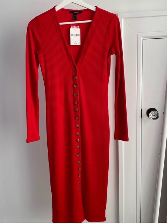 Forever 21 Dresses & Skirts - Forever 21 Ribbed Knit Fitted Button Down Midi Dress Red Medium M